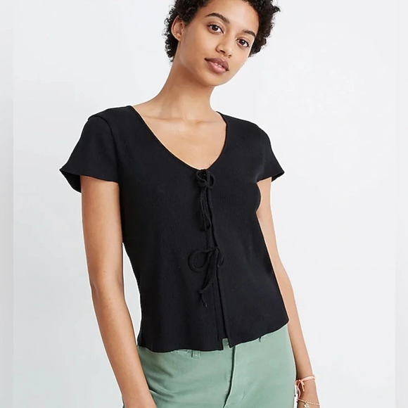 NWT Madewell Ribbed bow-front tee Top Cotton Black Small AN418 - Picture 1 of 6